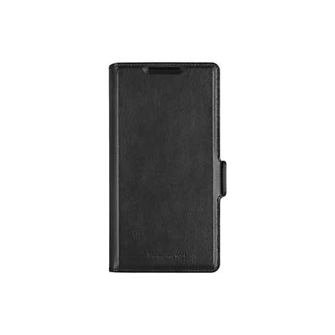 Schwarze Leder-Handyhülle, mit Lasche und Prägung "dbramante1928".