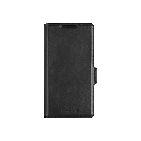 Schwarze Handyhülle aus Leder. Die Hülle ist geschlossen und hat eine Prägung von „dbramante1928“.