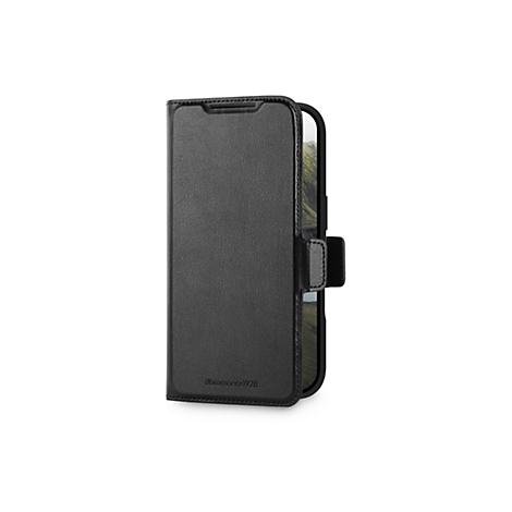 Schwarze Leder-Handyhülle, teilweise geöffnet, auf weißem Hintergrund. Der Verschluss ist geschlossen.