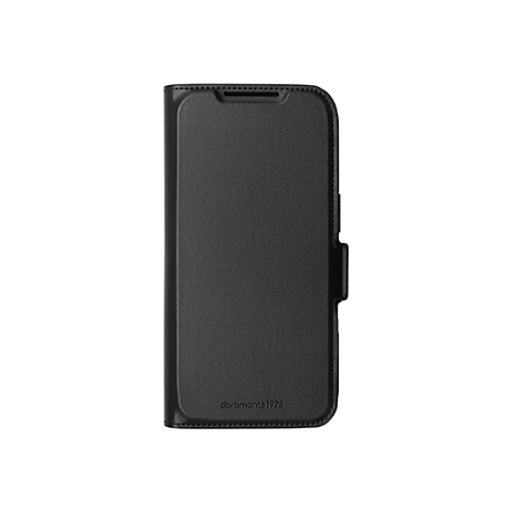 Schwarzes Handy-Case im Leder-Look mit Logo. Geschlossen und auf hellem Hintergrund.