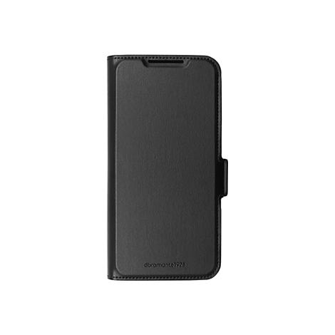 Schwarze Handyhülle aus Leder mit geprägtem Logo.