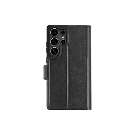 Schwarze Leder-Handyhülle für ein Smartphone, mit Klappe und Kamerabereich sichtbar.