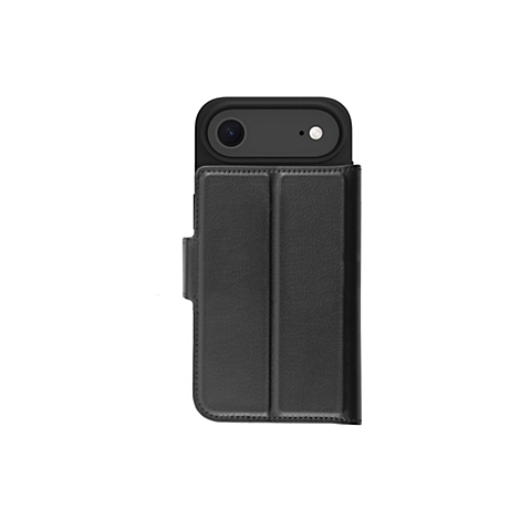 Ein schwarzes Smartphone mit schwarzer Lederhülle. Die Abdeckung ist geschlossen und bedeckt das Display.