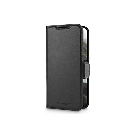 Schwarze Handyhülle aus Leder mit Klappfunktion. Die Hülle zeigt das Handy, das geöffnet ist.