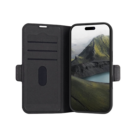 Schwarzes Klappetui mit Handy. Geöffnet mit Handy-Display, das eine Berglandschaft zeigt.