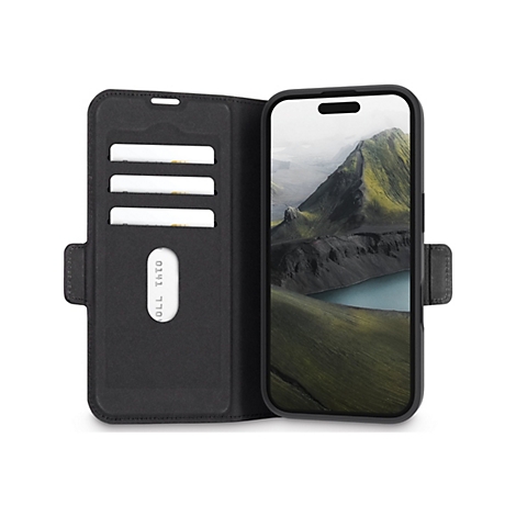 Schwarze Handyhülle mit Kartenfächern und geöffnetem Deckel. Auf dem Bildschirm ist eine Landschaft abgebildet.