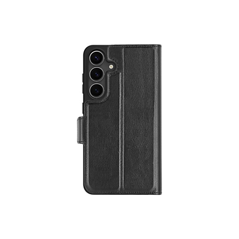 Schwarze Handyhülle mit Klappfunktion, Lederoptik, geschlossener Zustand, vor weißem Hintergrund.