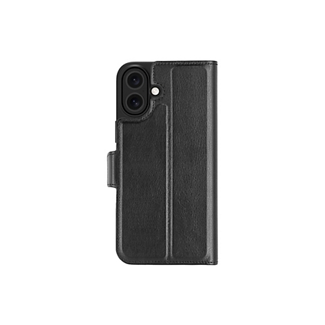Schwarze Handyhülle aus Leder mit Kameraausschnitt und Klappe. Die Hülle steht aufrecht auf weißem Hintergrund.