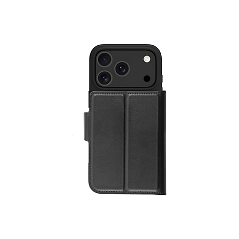 Schwarzes Handy Case mit Kartenfach, das ein Smartphone schützt. Kameraeinheit sichtbar.