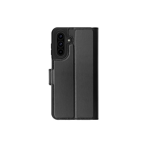 Schwarze Handyhülle im Portemonnaie-Stil, seitlich betrachtet. Auf der linken Seite befinden sich die Aussparungen für die Kamera und die Tasten. Der Verschluss ist mit einem kleinen Lederriemen versehen.