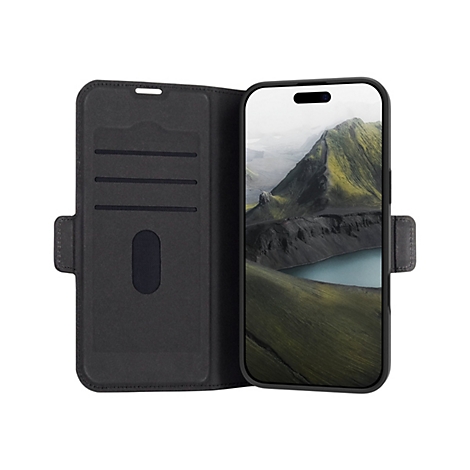 Schwarze Handyhülle mit geöffnetem Deckel, der das Handy mit Berglandschaft zeigt.