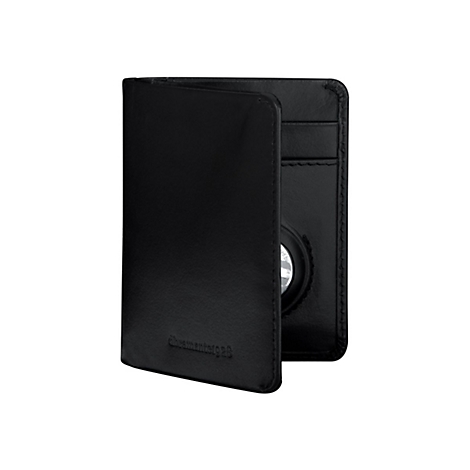 Schwarzes Leder-Kartenetui, geöffnet. Logo auf der unteren rechten Ecke. Innenseite mit Fächern und einem silbernen Kreis.