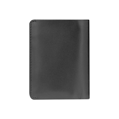 Schwarzes Lederetui im Hochformat. An der linken Seite ist eine Naht sichtbar. Der Hintergrund ist weiß.