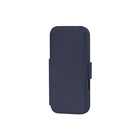 Étui de téléphone en cuir bleu foncé, avec coutures et fermeture. Un logo est visible en bas.