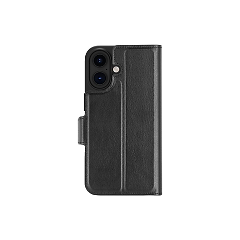 Étui de téléphone noir avec rabat pliant intégré et zone de caméra. L'étui présente une texture semblable au cuir et une fermeture.