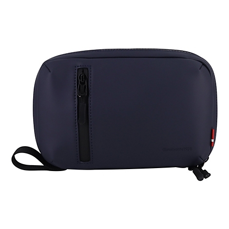 Dunkelblaue Kosmetiktasche mit Reißverschluss, Trageschlaufe und Firmenlogo.