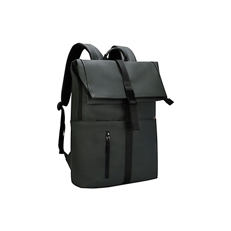 Dunkelgrüner Rucksack mit Klappe, schwarzem Träger und Reißverschlusstasche.