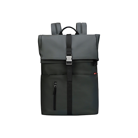 Dunkelgrauer Rucksack, mit schwarzem Verschluss und Reißverschluss.