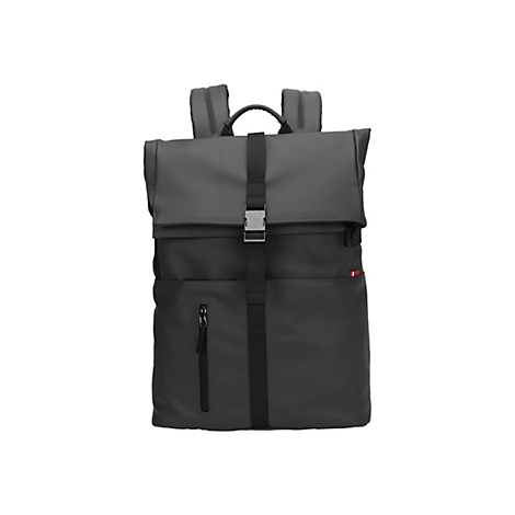 Dunkelgrauer Rucksack, mit aufgesetzter Fronttasche, Riemen und Schnallen. Auf weißem Hintergrund.