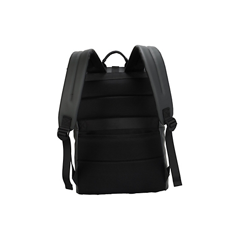 Schwarzer Rucksack von hinten, mit gepolsterten Trägern und Rückenpolsterung. Schwarze Textilriemen und ein Tragegriff.