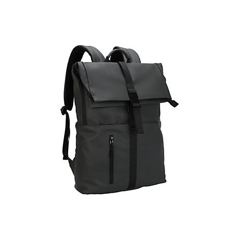 Dunkelgrauer Rucksack, mit aufgesetzter Fronttasche, Klappe und Trageriemen. Gehalten in einem minimalistischen Stil.