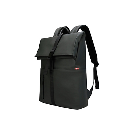 Dunkelgrüner Rucksack mit Rollverschluss und Tragegurten. Schwarze Träger und Reißverschluss.