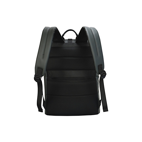 Schwarzer Rucksack von hinten, mit gepolstertem Rücken und Schultergurten.