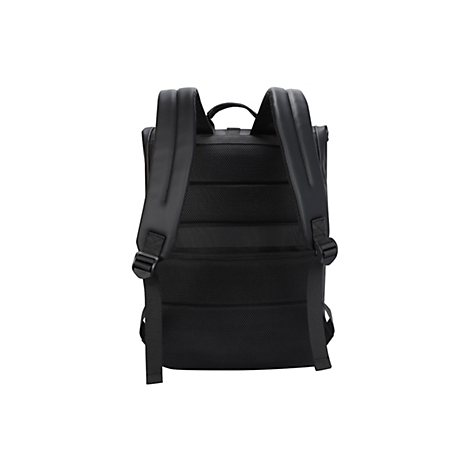 Schwarzer Rucksack von hinten, mit gepolsterten Schultergurten und Rücken. Auf weißem Hintergrund.