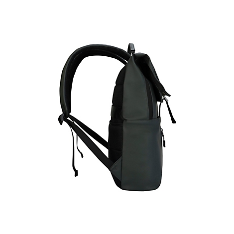 Dunkelgrauer Rucksack, seitlich betrachtet. Rechteckiger Rumpf, gepolsterte Gurte, oberer Tragegriff, Klappe. Schwarzer Reißverschluss.