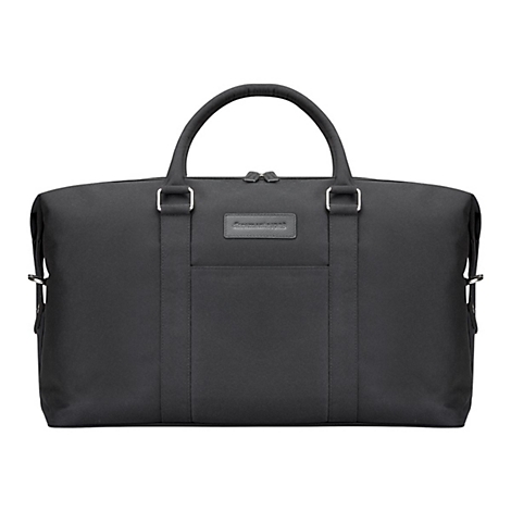 Schwarze Reisetasche mit zwei Henkeln und einem Schulterriemen, rechteckige Form, Logo-Patch, Reißverschluss.