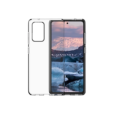 Ein durchsichtiges Handycase schützt ein Smartphone, das ein Gletscher-Landschaftsbild zeigt.