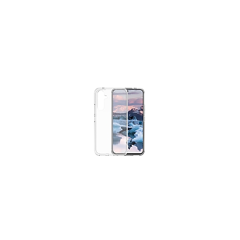 Klarer Handyhülle-Prototyp auf einem Smartphone, Display mit Eisberg-Foto.