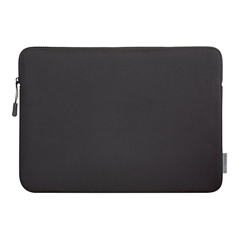 Dunkelgraue Laptoptasche mit Reißverschluss, rechteckige Form. Der Reißverschluss ist am oberen Rand angebracht. Auf der rechten Seite ist ein Marken-Label.