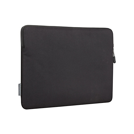 Schwarze Laptoptasche, mit Reißverschluss und Label.