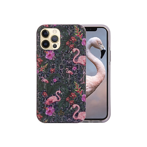 Handy mit Hülle, Flamingo-Muster mit pinken Blumen und Vögeln.
