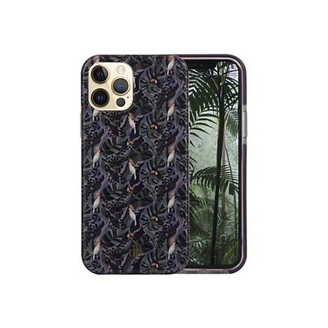Ein iPhone mit einer Hülle im Dschungel-Design, mit Vögeln, Palmen und Blättern. Die Rückseite zeigt ein Dschungel-Motiv.