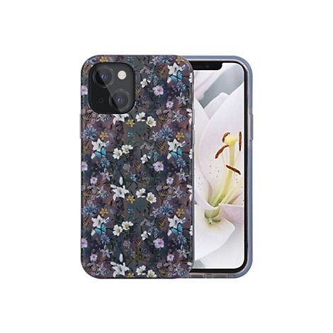 Hellblaues Smartphone-Case mit Blumenmuster: weiße Lilien, blaue Schmetterlinge und grüne Blätter auf dunklem Hintergrund.