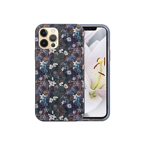 Ein iPhone mit einer Blumenmuster-Hülle mit weißen Lilien, blauen Schmetterlingen und floralen Elementen. Der Bildschirm zeigt eine Lilie.