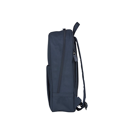 Dunkelblauer Rucksack im Profil, Reißverschluss, Tragegriff, Riemen.