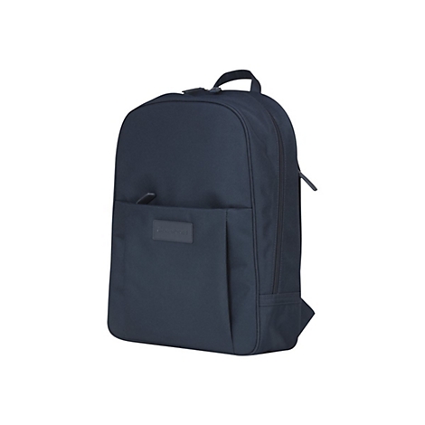 Dunkelblauer Rucksack vor weißem Hintergrund. Mit Reißverschluss, kleiner Vordertasche und Trageschlaufe.