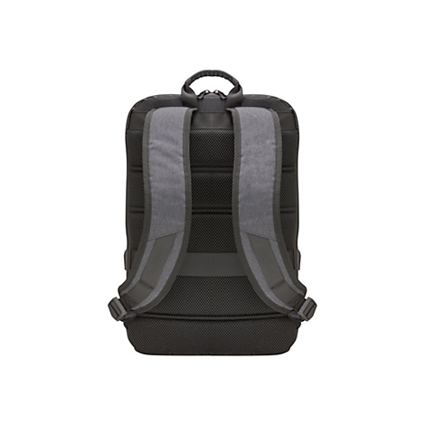 Schwarzer Rucksack von hinten, graue Träger und Netzrücken, Tragegriff oben.