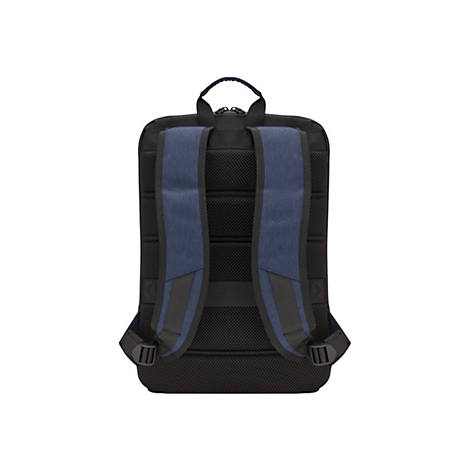 Schwarzer Rucksack von hinten, blaue Schultergurte, Tragegriff.