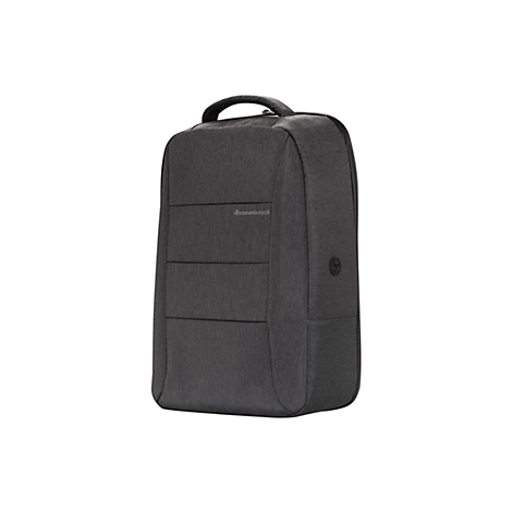 Grauer Laptop-Rucksack mit Tragegriff, drei vertikalen Ziernähten und einem runden Logo.