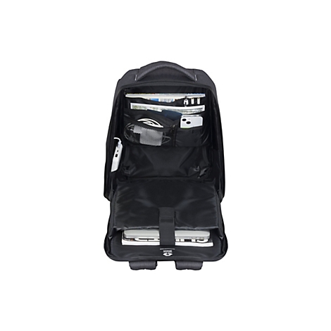 Schwarzer Rucksack, geöffnet mit mehreren Fächern, gefüllt mit Gegenständen wie Laptop, Magazinen, Kopfhörern und Smartphone.