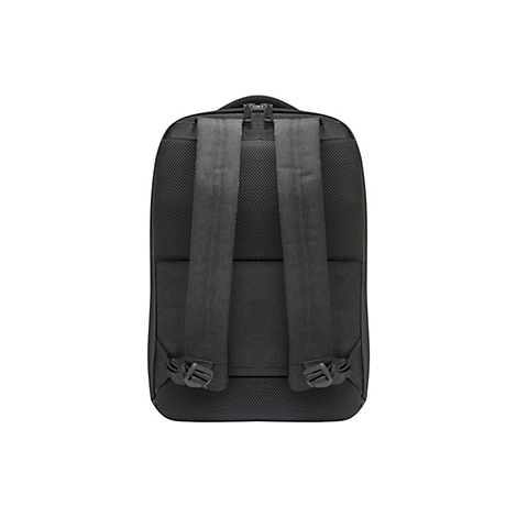 Schwarzer Rucksack von hinten, mit zwei verstellbaren Trägern und gepolstertem Rücken. Reißverschluss oben.