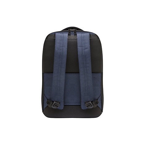 Dunkelblauer Rucksack, Rückansicht. Schwarzes Mesh-Gewebe, blaue Schultergurte.