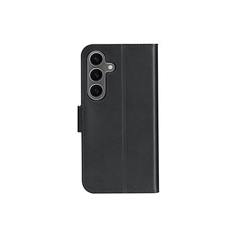 Schwarzes Handy Case in Lederoptik, mit drei Kameralinsen. Geschlossen, mit Lasche.