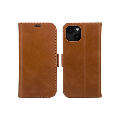 Braunes Leder-Handycase, offen dargestellt, mit sichtbarem Handy auf weißem Hintergrund.