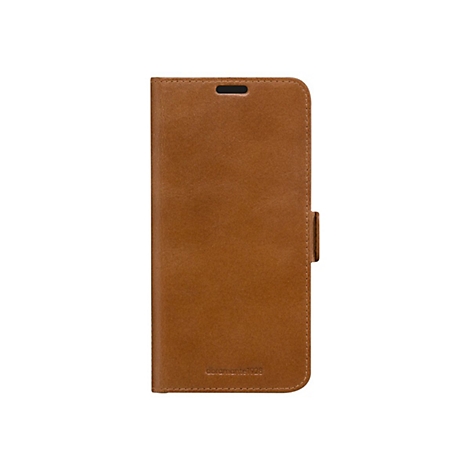 Hellbraune, lederartige Handyhülle mit Verschluss, sichtbarem Logo und einem Loch für die Kamera.