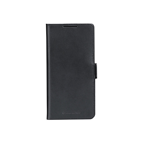 Schwarzes Handy-Case im Querformat, geschlossen. Mit Magnetverschluss und Logo.